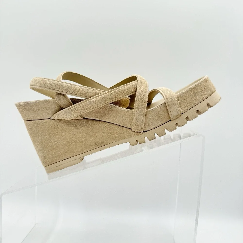 Pedro Garcia Jodie Suede Wedge Sandal Ankle Strap Heel Beige Size 35.5 5.5 $595